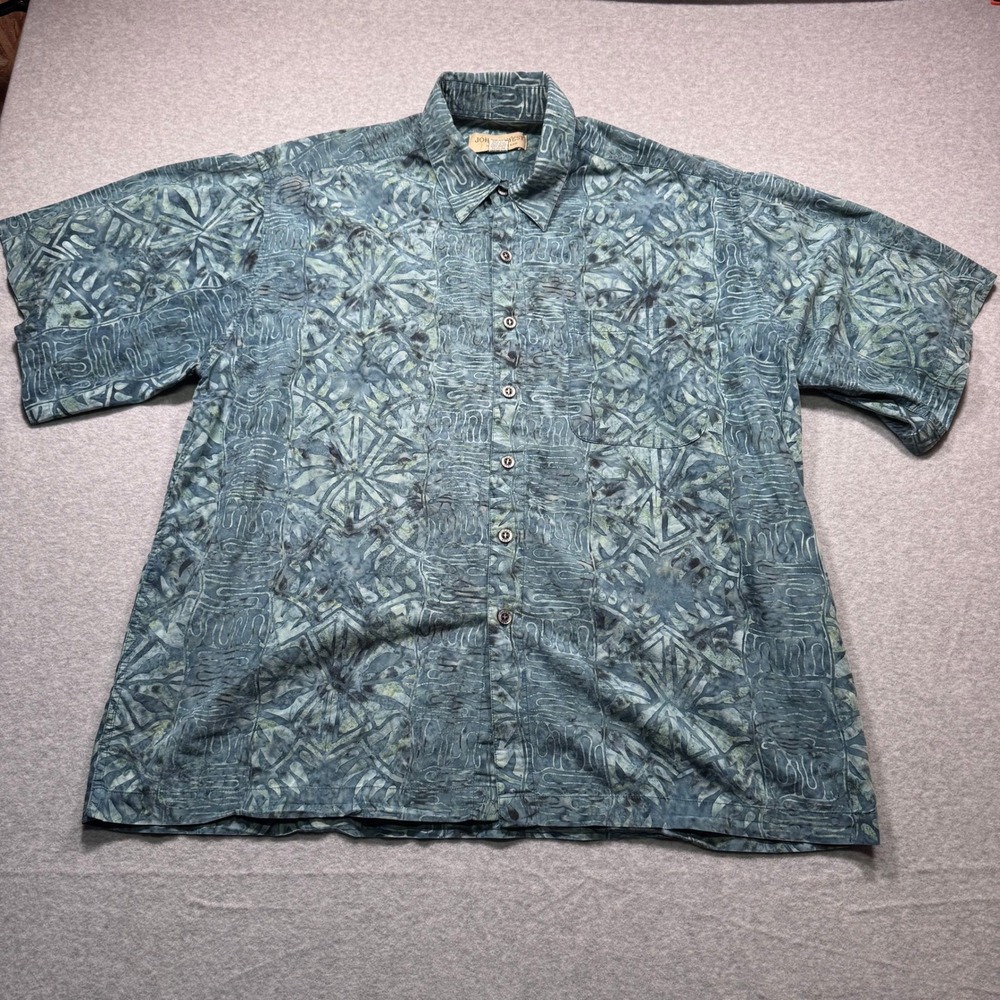 Johari West‎ Mens 2XL Batik Hawaiian Shirt Blue Cotton Short Sleeve Button Up